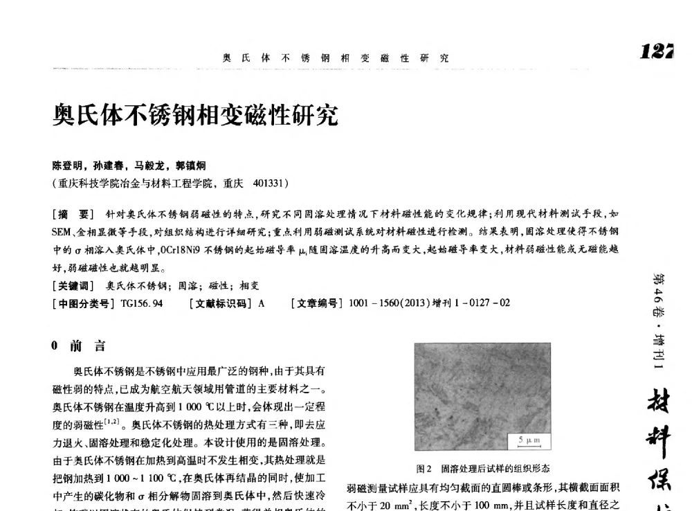 奥氏体不锈钢相变磁性研究 - 2013海峡两岸功能材料科技与产业峰会