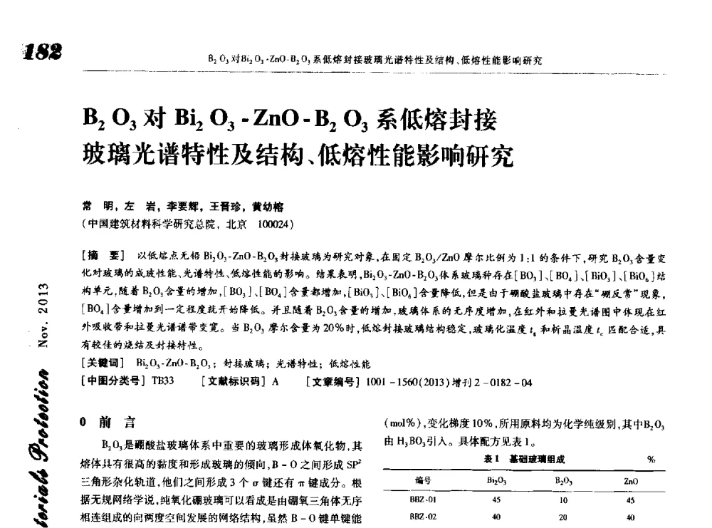B2O3对Bi2O3-ZnO-B2O3系低熔封接玻璃光谱特性及结构、低熔性能影响研究 - 第八届中国功能材料及其应用学术会议