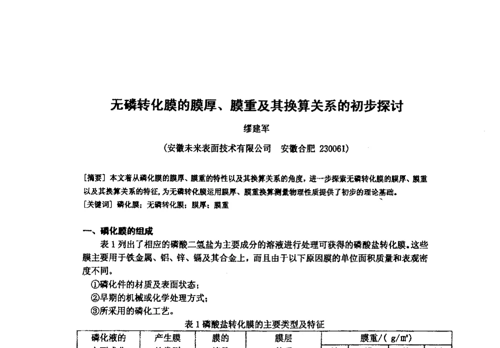 无磷转化膜的膜厚、膜重及其换算关系的初步探讨 - 安徽省腐蚀与防护学会表面处理专业2011学术年会