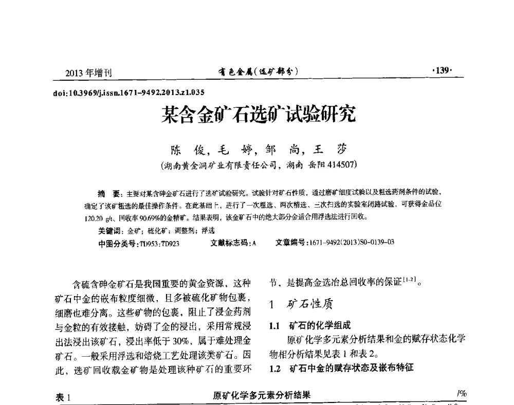 某含金矿石选矿试验研究 - 第八届全国矿产资源综合利用学术会议