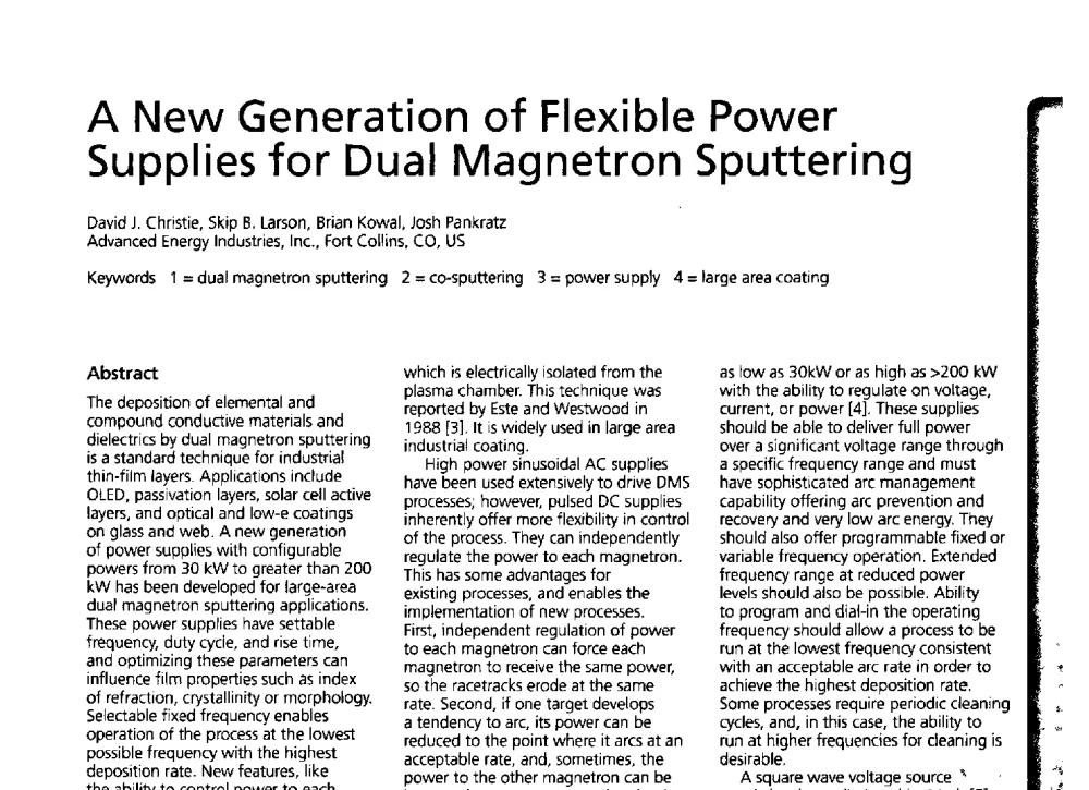 A New Generation of Flexible Power Supplies for Dual Magnetron Sputtering - 2013年中国玻璃深加工研讨会