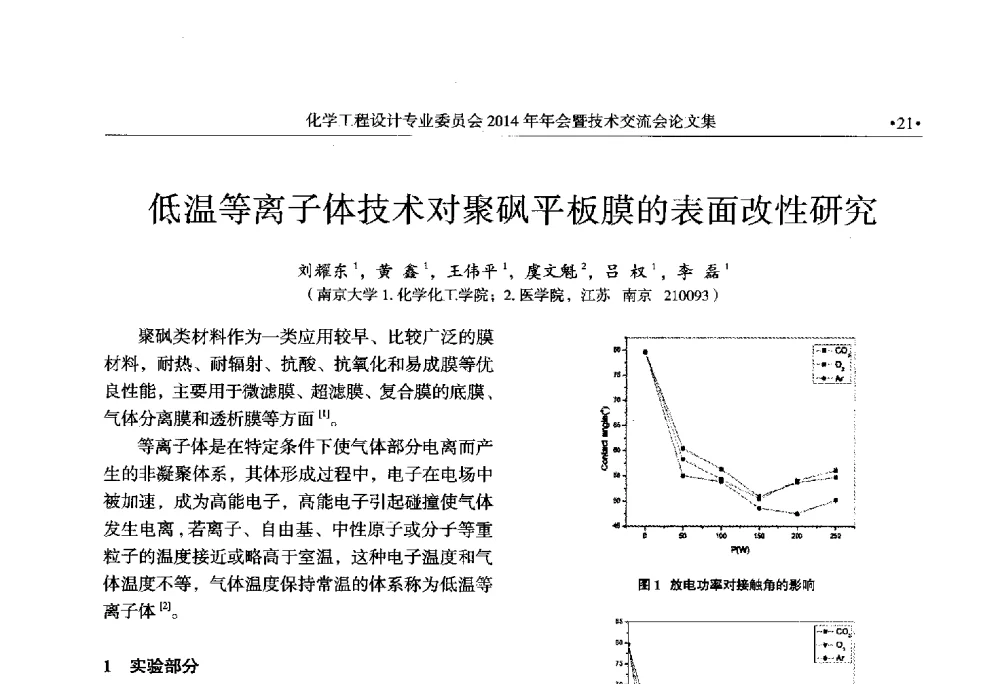 低温等离子体技术对聚砜平板膜的表面改性研究 - 中国石油和化工勘察设计协会化学工程设计专业委员会(全国化工化学工程设计技术中心站)2014年年会暨技术交流会
