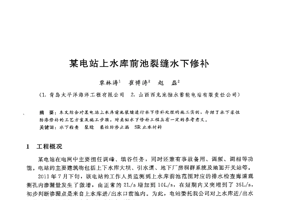 某电站上水库前池裂缝水下修补 - 第十二届全国水工混凝土建筑物修补加固技术交流会