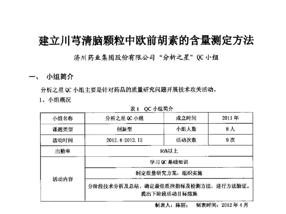 建立川芎清脑颗粒中欧前胡素的含量测定方法 - 第34次全国医药行业QC小组成果发表交流会