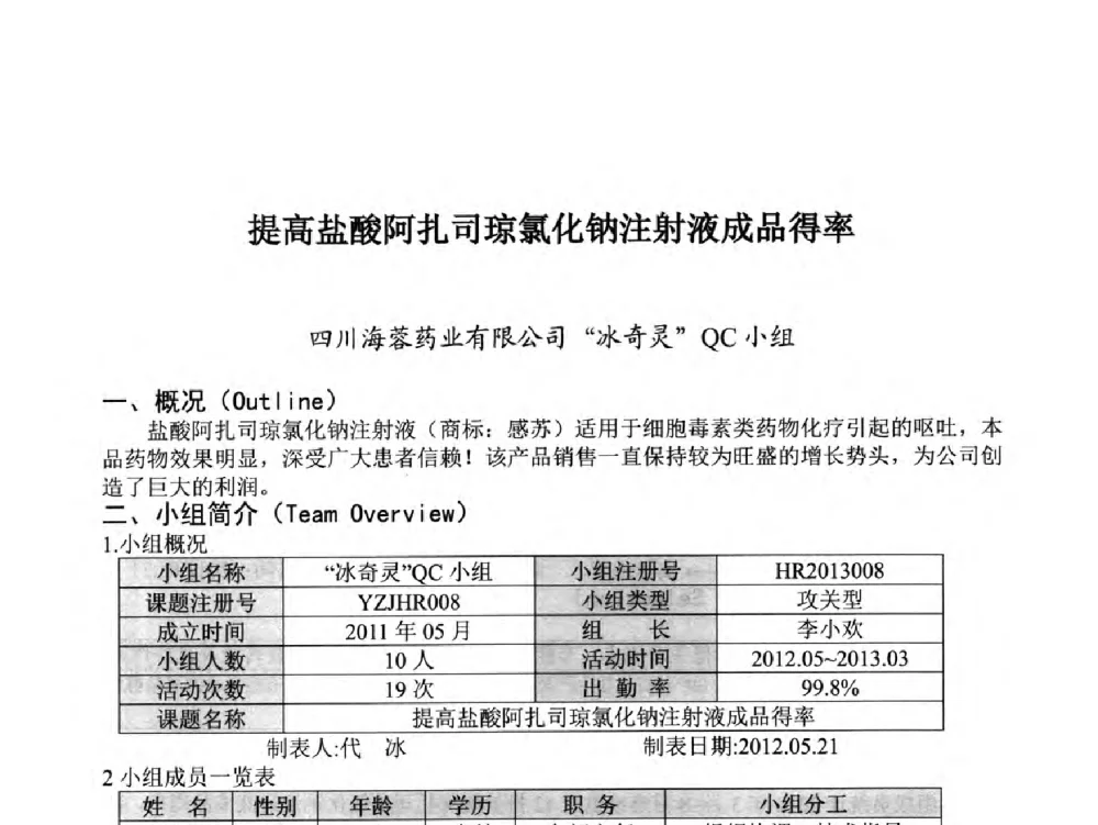 提高盐酸阿扎司琼氯化钠注射液成品得率 - 第34次全国医药行业QC小组成果发表交流会