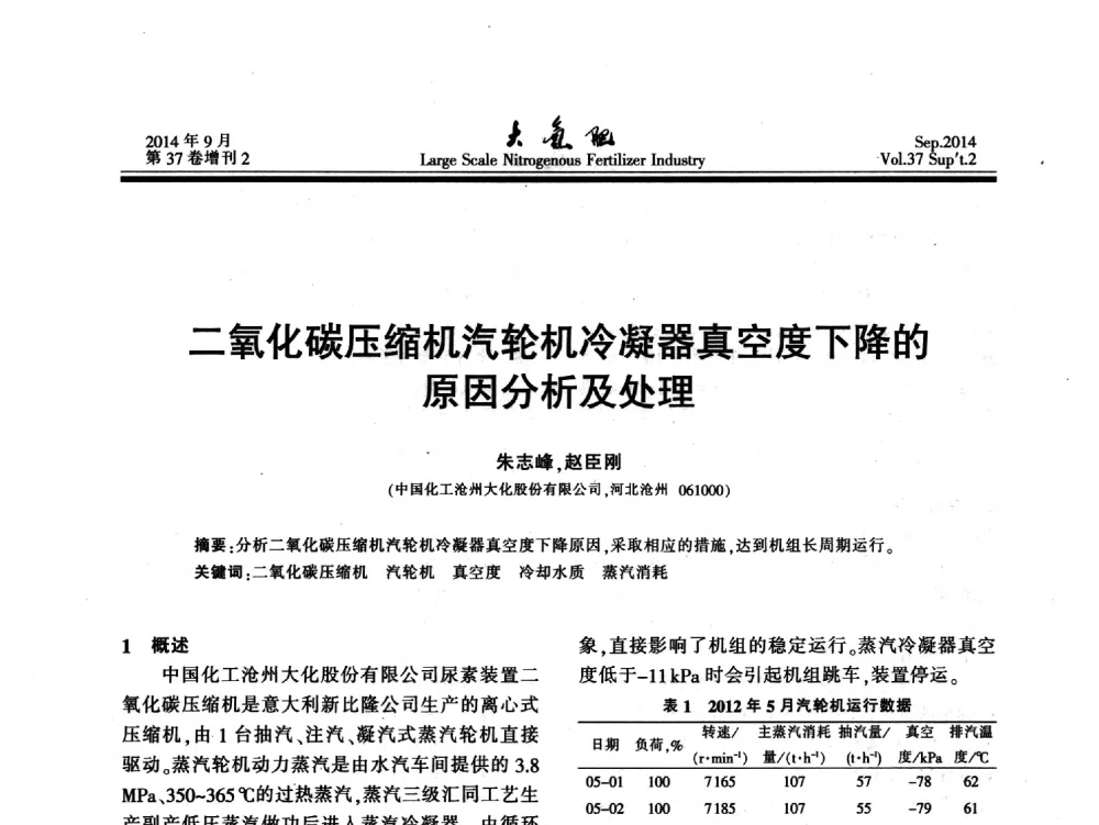 二氧化碳压缩机汽轮机冷凝器真空度下降的原因分析及处理 - 第十八届全国大型尿素装置技术年会