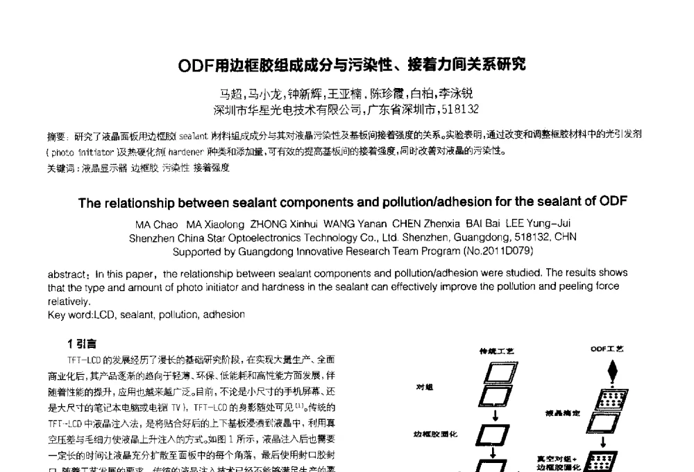ODF用边框胶组成成分与污染性、接着力间关系研究 - 2014中国平板显示学术会议