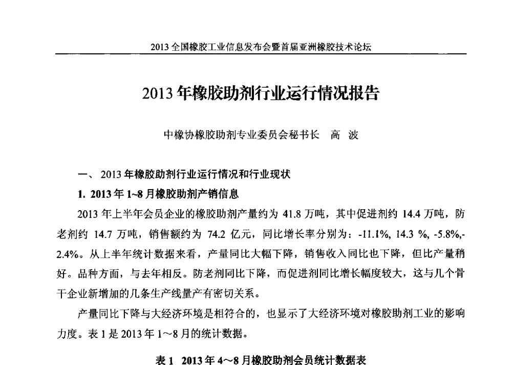 2013年橡胶助剂行业运行情况报告 - 全国橡胶工业信息发布会暨首届亚洲橡胶技术论坛