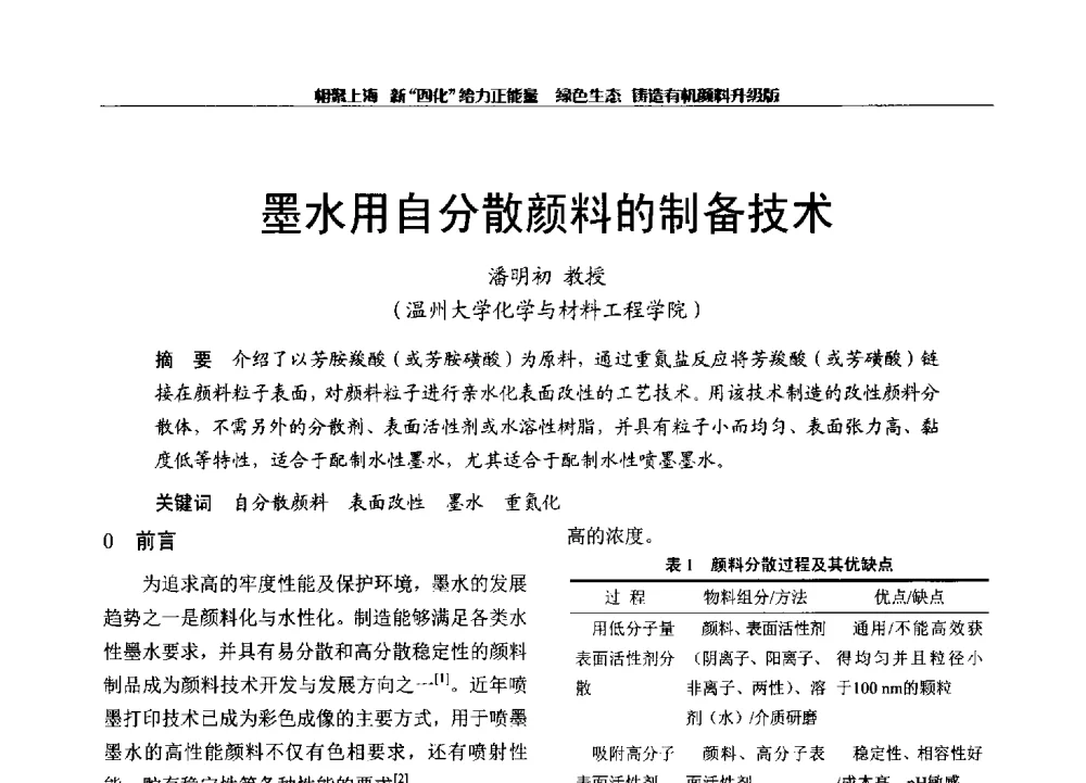 墨水用自分散颜料的制备技术 - 2013年中国染料工业协会有机颜料年会暨信息发布会