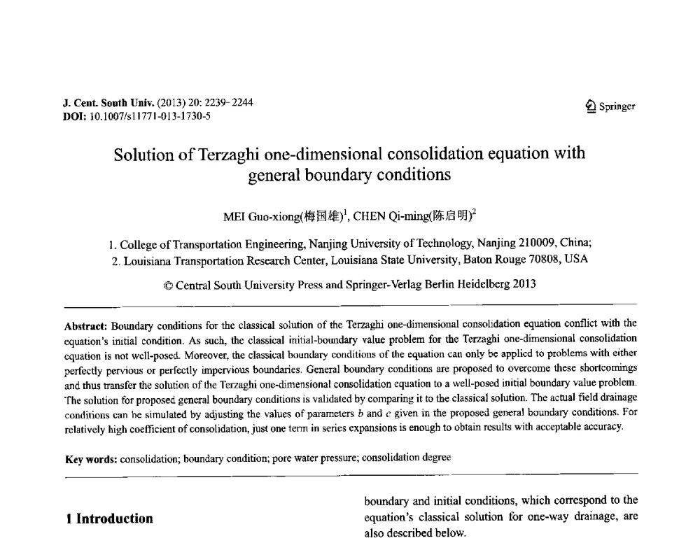 Solution of Terzaghi one-dimensional consolidation equation with general boundary conditions - 第八届全国青年岩土力学与工程会议暨青年华人岩土工程论坛