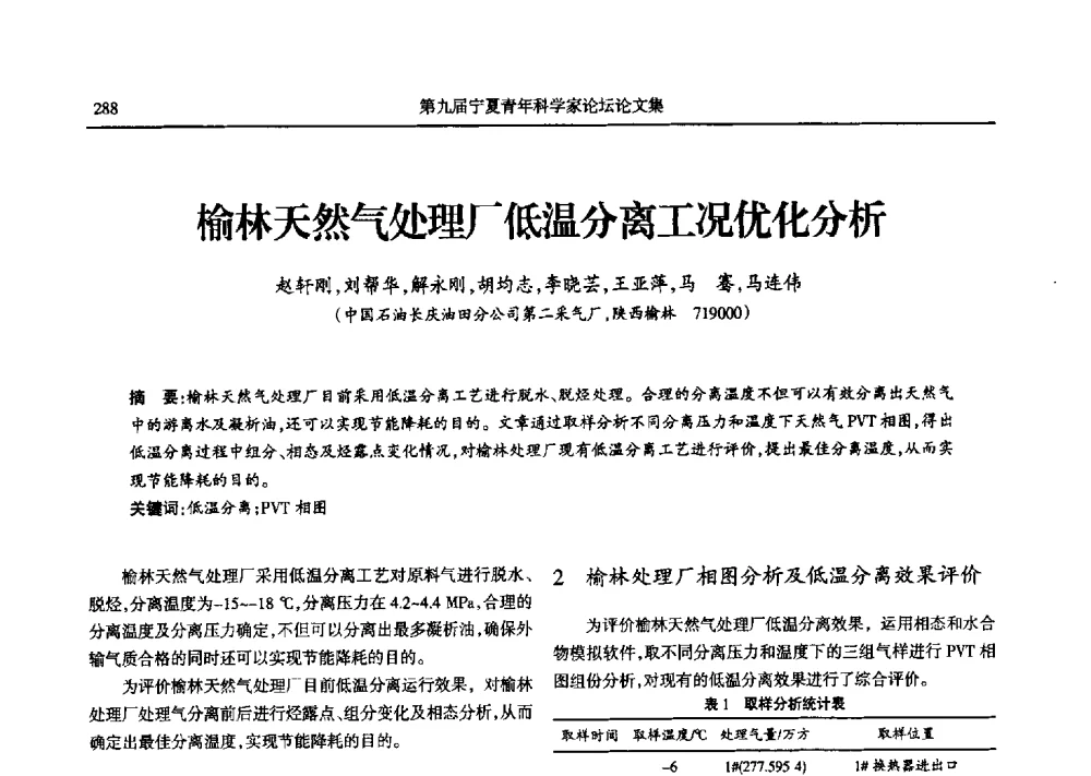 榆林天然气处理厂低温分离工况优化分析 - 第九届宁夏青年科学家论坛石化专题论坛