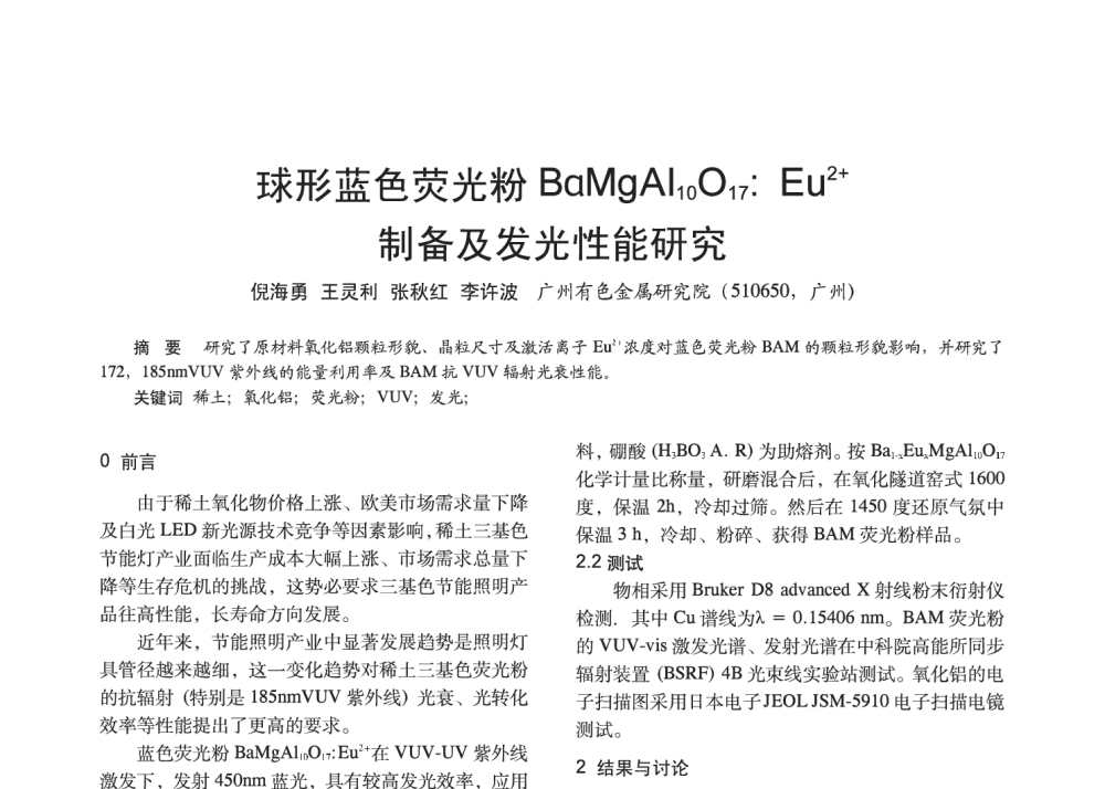 球形蓝色荧光粉BaMgAl10O17_Eu2+制备及发光性能研究 - 2014中国长三角照明科技论坛暨上海市照明学会会员大会