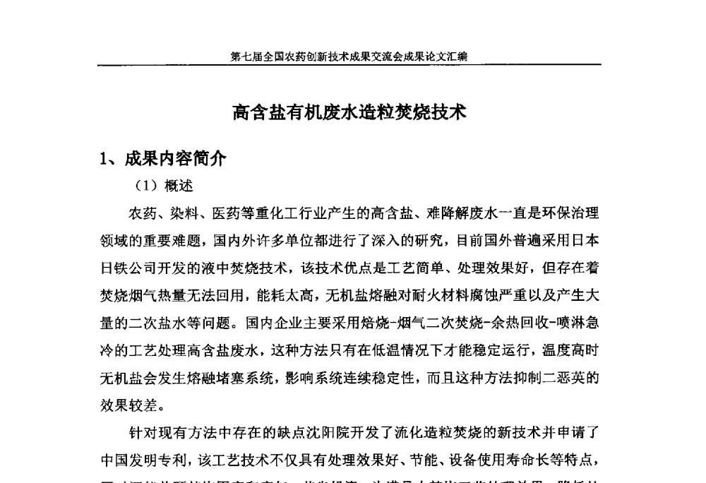 高含盐有机废水造粒焚烧技术 - 第七届全国农药创新技术成果交流会