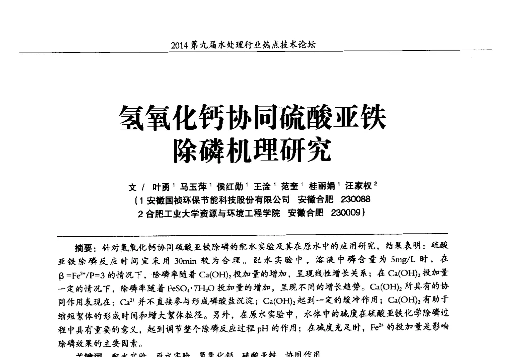 氢氧化钙协同硫酸亚铁除磷机理研究 - 第九届水处理行业热点技术论坛