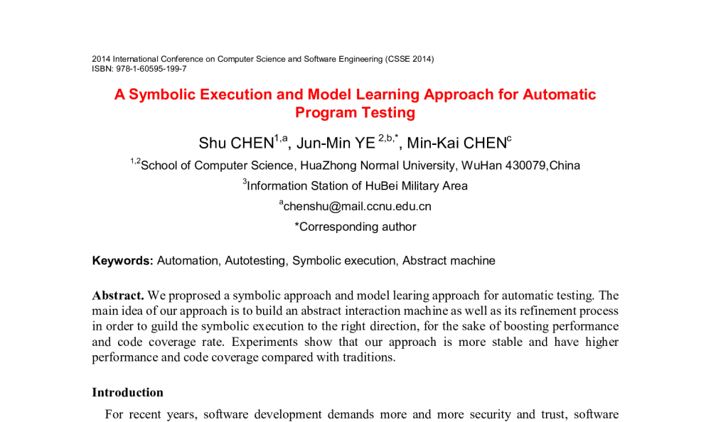 A Symbolic Execution and Model Learning Approach for Automatic Program Testing - 2014年国际计算机科学与软件工程学术会议