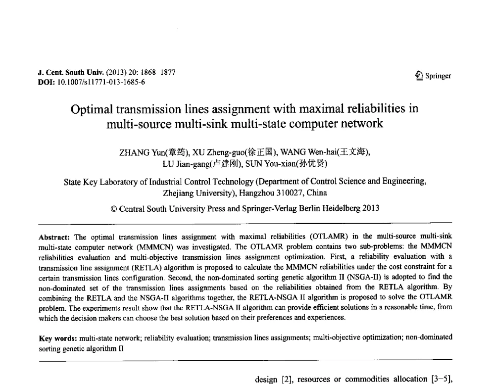 Optimal transmission lines assignment with maximal reliabilities in multi-source multi-sink multi-state computer network - 第八届全国青年岩土力学与工程会议暨青年华人岩土工程论坛