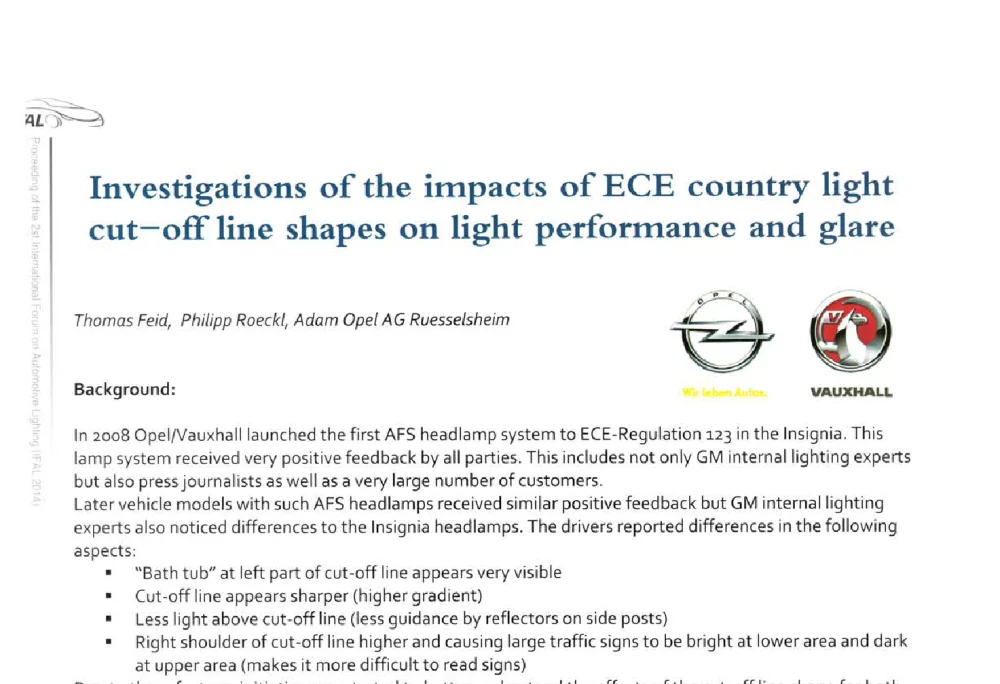 Investigations of the impacts of ECE country light cut-off line shapes on light performance and glare - The 2nd International Forum on Automotive Lighting_2nd IFAL(第二届中国国际汽车照明论坛(2014))