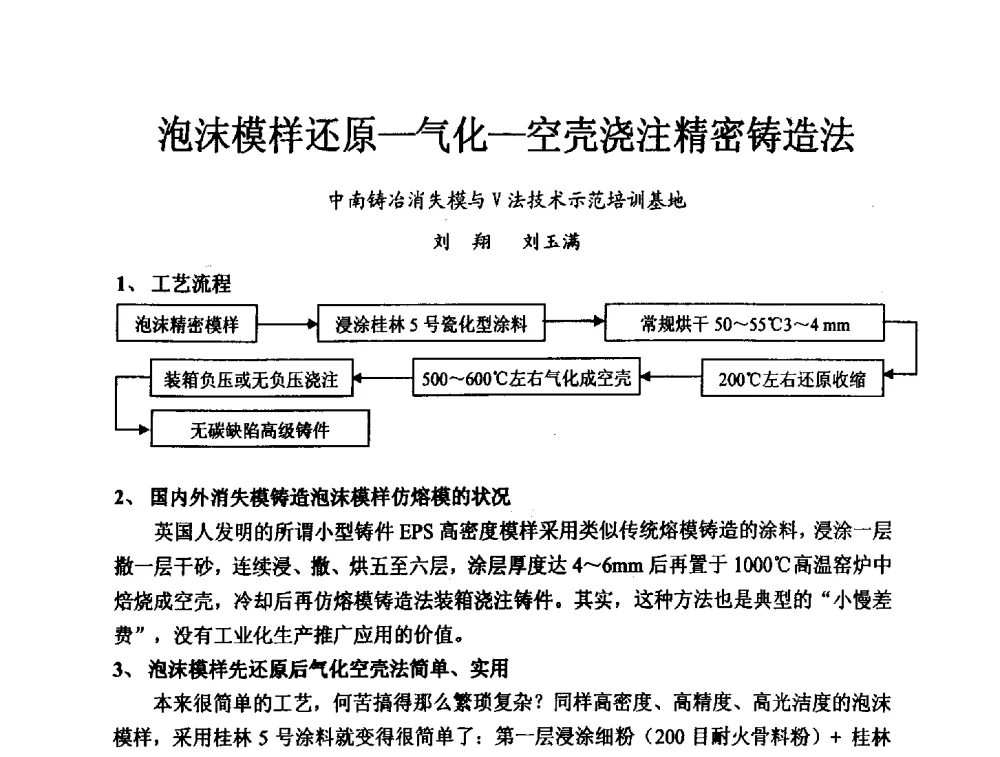 泡沫模样还原-气化-空壳浇注精密铸造法 - 2013中国(南京·镇江)消失模与V法铸造科工贸大会