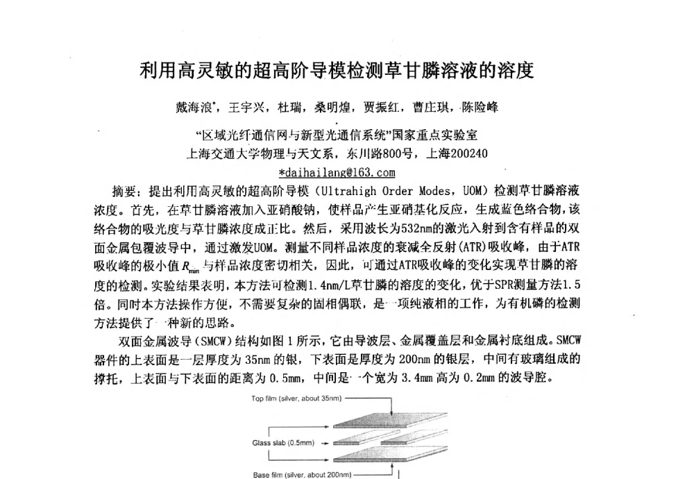 利用高灵敏的超高阶导模检测草甘膦溶液的溶度 - 上海市激光学会2013年学术年会