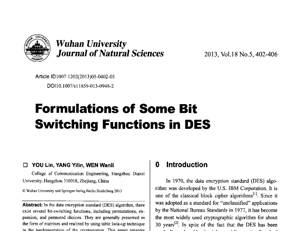 Formulations of Some Bit Switching Functions in DES - 第七届中国可信计算与信息安全学术会议