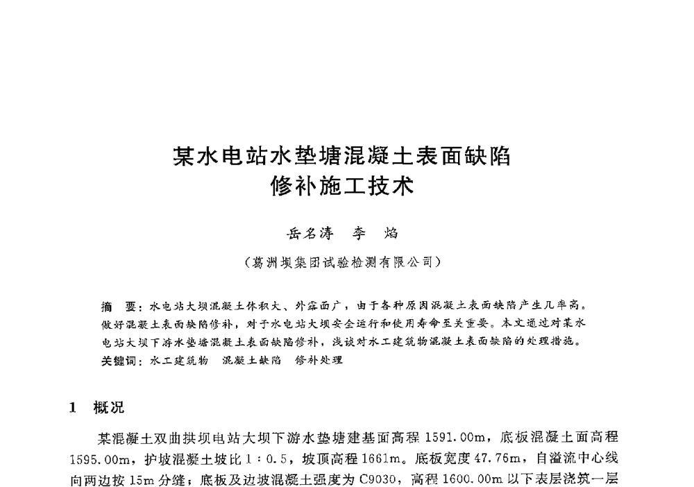 某水电站水垫塘混凝土表面缺陷修补施工技术 - 第十二届全国水工混凝土建筑物修补加固技术交流会