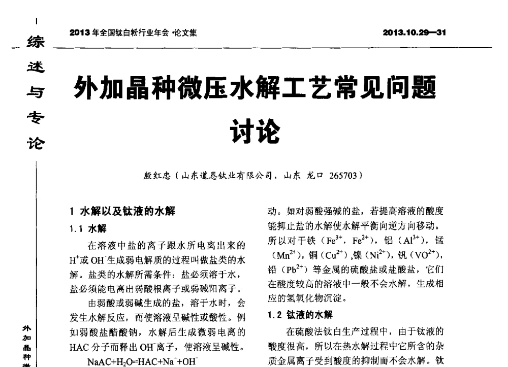 外加晶种微压水解工艺常见问题讨论 - 2013全国钛白行业年会