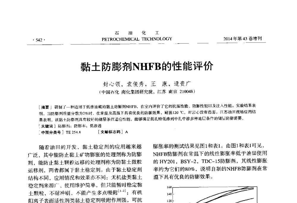 黏土防膨剂NHFB的性能评价 - 中国化工学会2014年石油化工学术年会