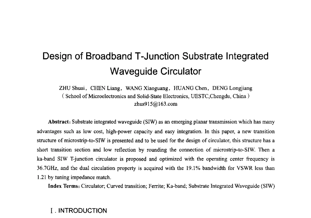 Design of Broadband T-Junction Substrate Integrated Waveguide Circulator - 2014全国第十五届微波集成电路与移动通信学术年会