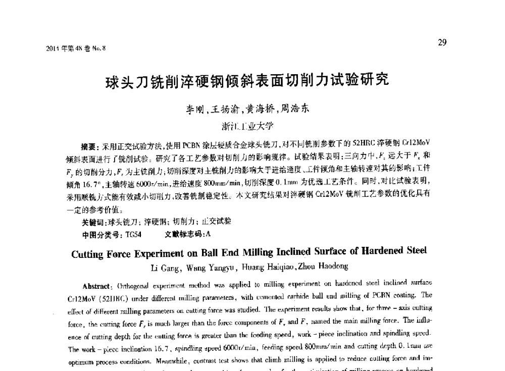 球头刀铣削淬硬钢倾斜表面切削力试验研究 - 第六届现代切削与测量工程国际研讨会
