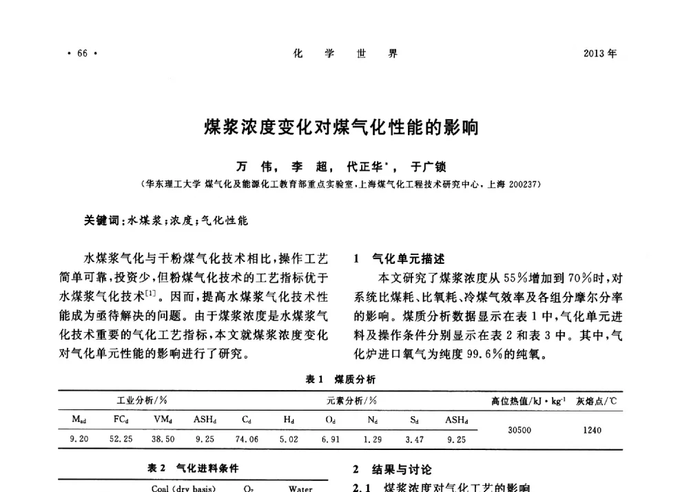 煤浆浓度变化对煤气化性能的影响 - 上海市化学化工学会2013年度学术年会