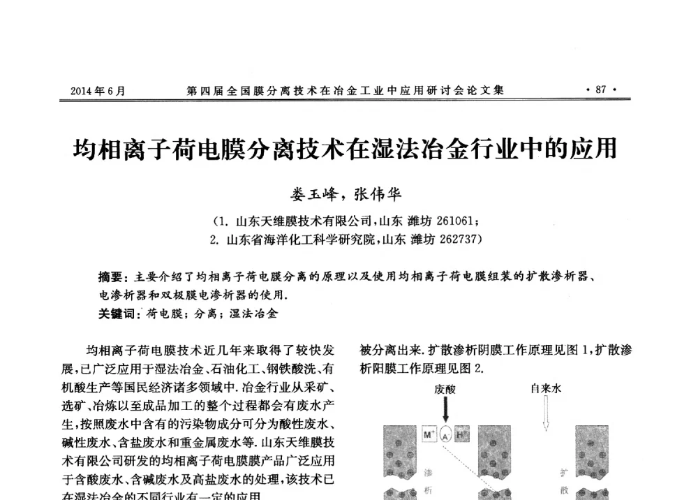 均相离子荷电膜分离技术在湿法冶金行业中的应用 - 第四届全国膜分离技术在冶金工业中应用研讨会