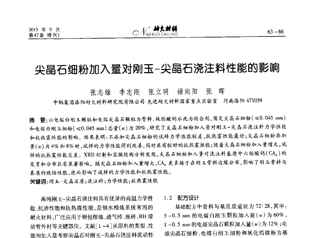 尖晶石细粉加入量对刚玉-尖晶石浇注料性能的影响 - 2013耐火材料综合学术会议、第十二届全国不定形耐火材料学术会议、2013耐火原料学术交流会