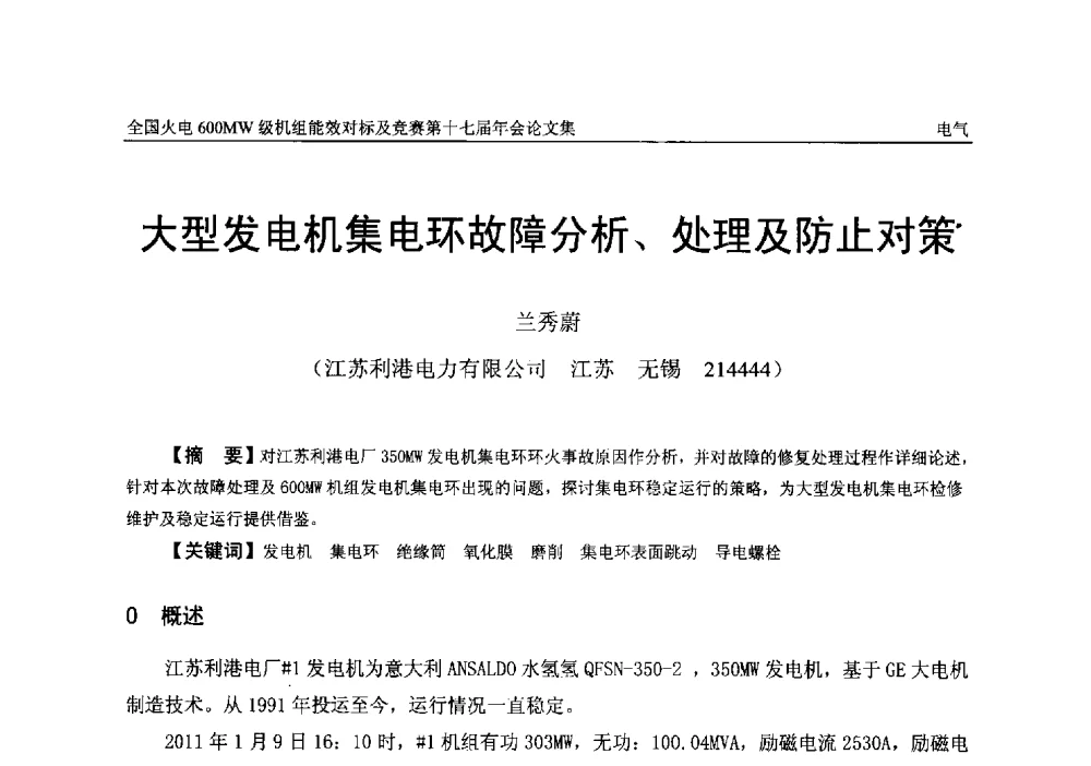 大型发电机集电环故障分析、处理及防止对策 - 全国火电600MW级机组能效对标及竞赛第十七届年会