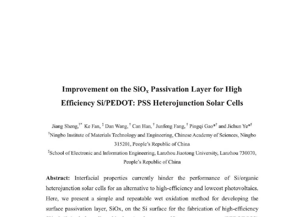 Improvement on the SiOx Passivation Layer for High Efficiency Si_PEDOT_ PSS Heterojunction Solar Cells - 2014年全国博士后新材料技术与应用学术论坛
