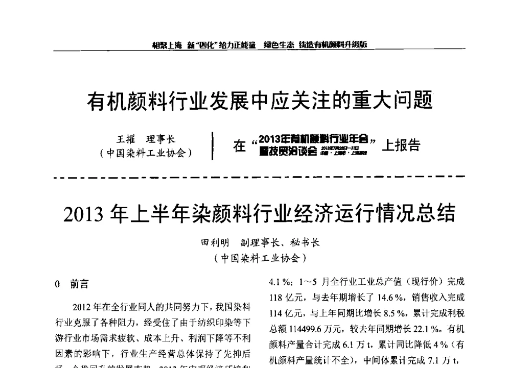 2013年上半年染颜料行业经济运行情况总结 - 2013年中国染料工业协会有机颜料年会暨信息发布会