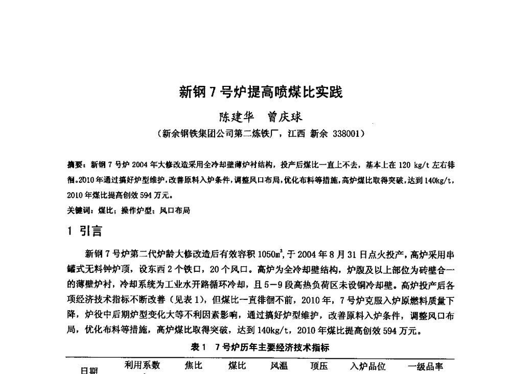 新钢7号炉提高喷煤比实践 - 2013年全国中小高炉炼铁技术交流会