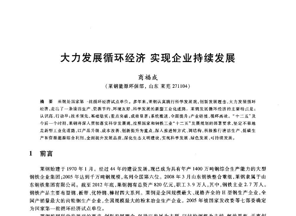 大力发展循环经济实现企业持续发展 - 2013年全国冶金能源环保生产技术会