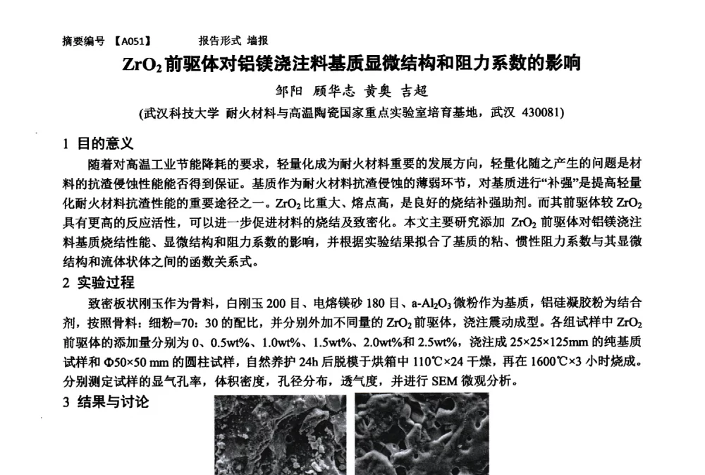 ZrO2前驱体对铝镁浇注料基质显微结构和阻力系数的影响 - 第十一届全国工程陶瓷学术年会