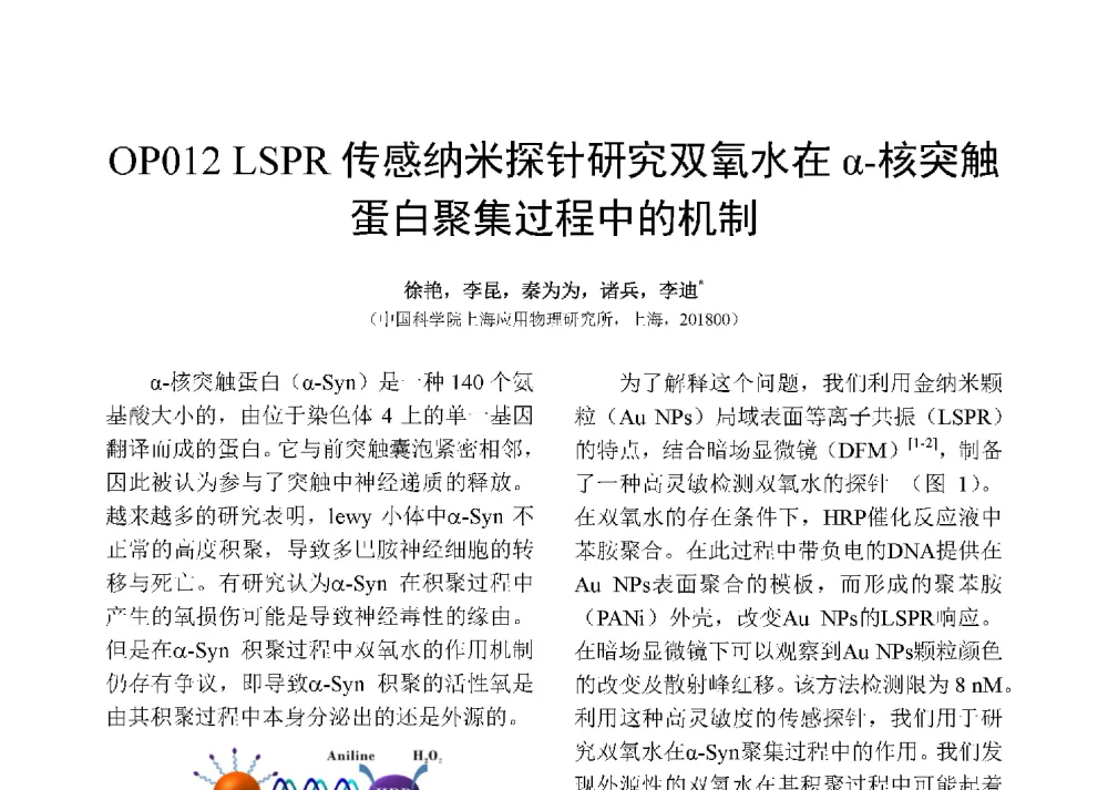 LSPR传感纳米探针研究双氧水在α-核突触蛋白聚集过程中的机制 - 第十二届全国化学传感器学术会议