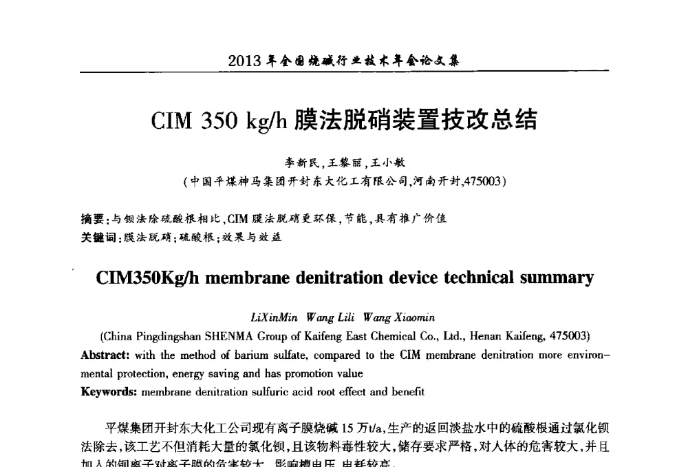 CIM 350 kg_h膜法脱硝装置技改总结 - 2013年全国烧碱行业技术年会