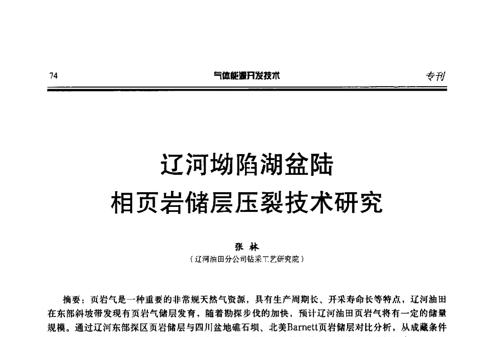 辽河坳陷湖盆陆相页岩储层压裂技术研究 - 第二届气体能源开发技术国际研讨会