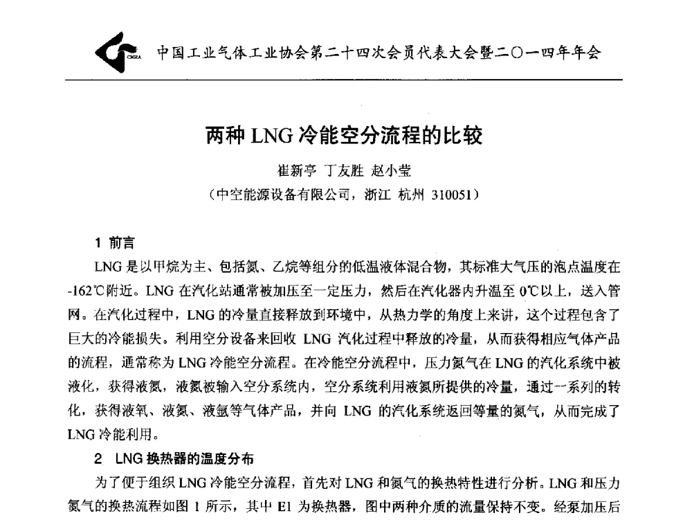 两种LNG冷能空分流程的比较 - 中国工业气体工业协会第24次会员代表大会暨2014年年会