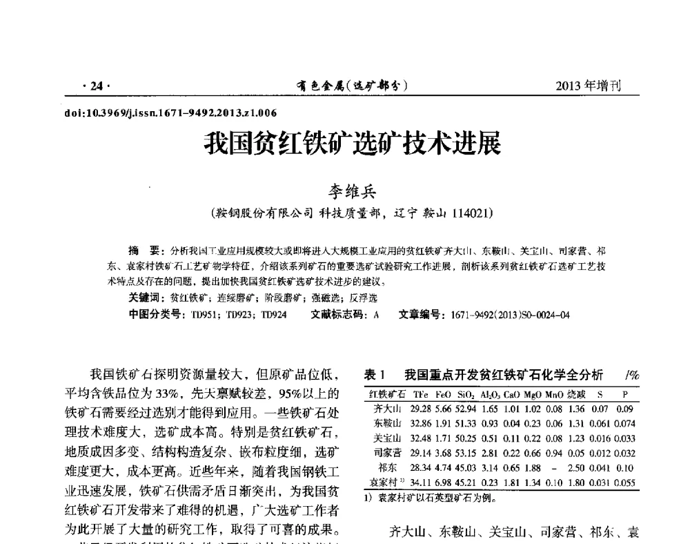 我国贫红铁矿选矿技术进展 - 第八届全国矿产资源综合利用学术会议