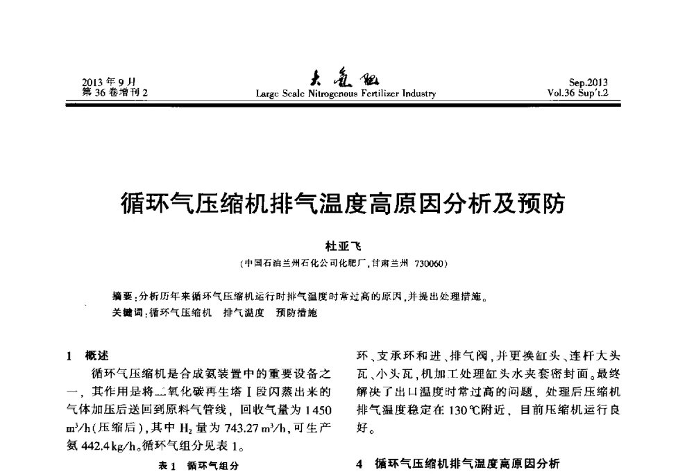 循环气压缩机排气温度高原因分析及预防 - 第二十一届全国大型合成氨装置技术年会