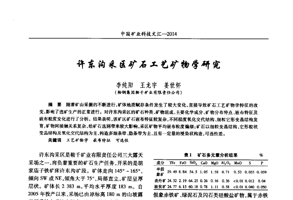 许东沟采区矿石工艺矿物学研究 - 2014第五届中国矿业科技大会