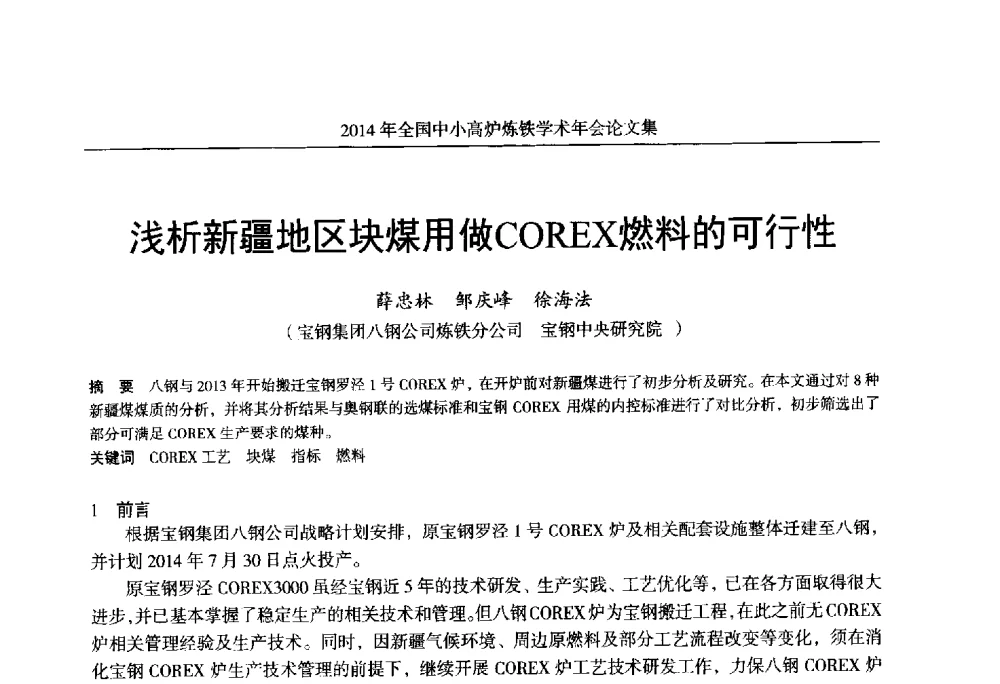 浅析新疆地区块煤用做COREX燃料的可行性 - 2014年全国中小高炉炼铁学术年会