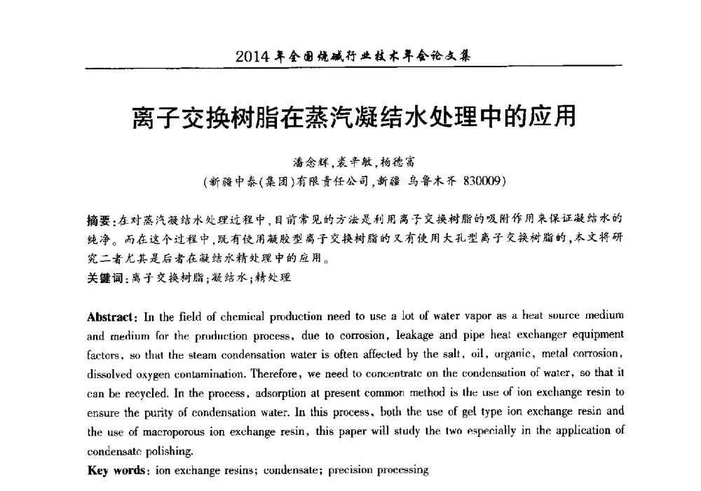 离子交换树脂在蒸汽凝结水处理中的应用 - 2014年全国烧碱行业技术年会