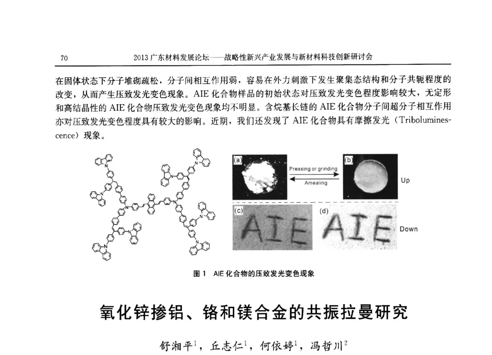 氧化锌掺铝、铬和镁合金的共振拉曼研究 - 2013广东材料发展论坛暨战略性新兴产业发展与新材料科技创新研讨会