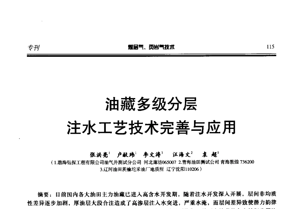 油藏多级分层注水工艺技术完善与应用 - 第二届煤层气、页岩气勘探开发与井筒技术推介交流会