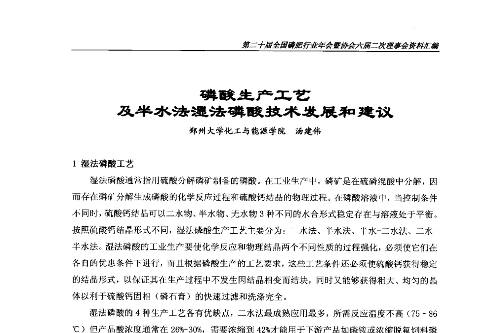 磷酸生产工艺及半水法湿法磷酸技术发展和建议 - 第二十届全国磷肥行业年会